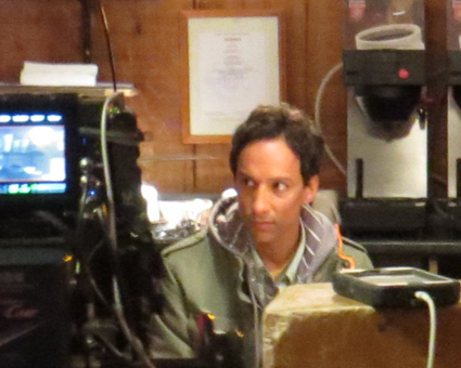 Danny Pudi on set at Apple Granny.