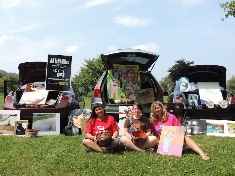 Pictured, from left: Artpark & Company Director of Visual Arts and Family Programs Tanis Winslow sits with artists Bridget Thompson and Lara Hargreve.