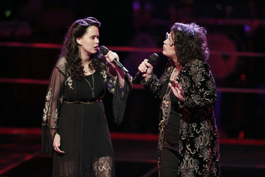 "The Voice": Hannah Kirby, left, "Battles" Sarah Potenza. (NBC photo by Tyler Golden)