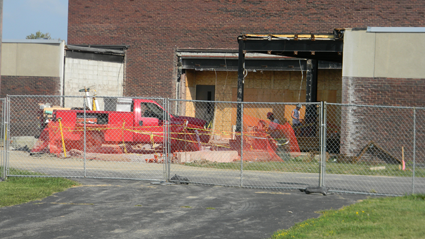 The former high school entrance, near the auditorium is blocked off.