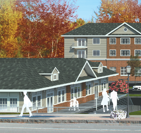 This front, west-side building is the sticking point in William Paladino's plaza proposal. Elected and appointed leaders do not favor passersby viewing the top of a building. (Artist's rendering)