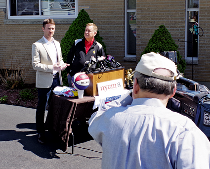 Scott McNeal holds court during a news conference to describe the Gus Macker 3-on-3 basketball tournament, an event he and promoter Corey McGowan hope takes place on Grand Island Boulevard in August. (Photo by Larry Austin)