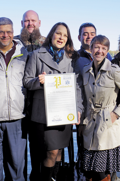 Government officials, members of the Sandy Beach Park Club and Buffalo Niagara Riverkeeper break ground on a living shoreline project in Sandy Beach. (Photo courtesy Buffalo Niagara Riverkeeper)