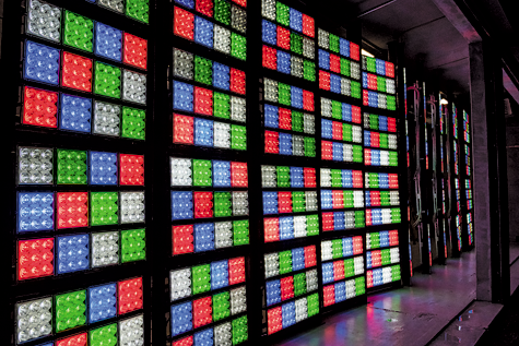 Shown is a close-up view of the new LED lights that illuminate Niagara Falls.