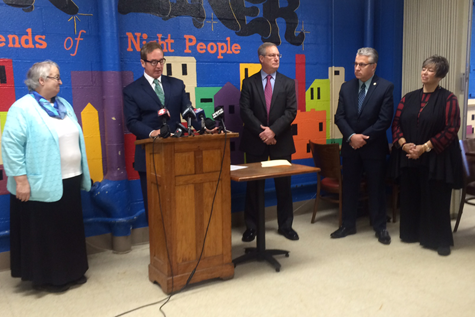 From left: Marlies Wesolowski, executive director of the Lt. Col. Matt Urban Human Services Center of WNY; Congressman Brian Higgins; Dale Zuchlewski, Homeless Alliance of WNY executive director; Erie County Department of Mental Health Commissioner Michael Ranney; and Community Missions of the Niagara Frontier Executive Director Robyn Krueger.
