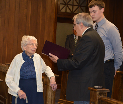 Helen W. Allen recently celebrated her 107th birthday. She was recognized at the start of the meeting by Mayor Arthur Pappas, shadowed by student Jacob Lemke.