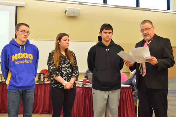 From left, SkillsUSA regional competition winners Nathan Cornett, Ashley Groll and Ryan Chrysler with Niagara-Wheatfield High School Principal Tim Carter. Not pictured: Jacob Kujawa.