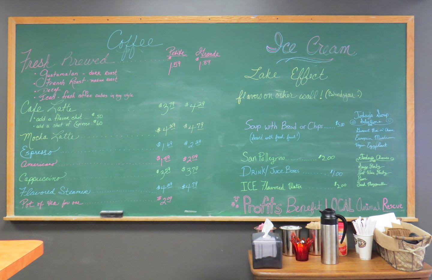 The Grandpaws Café for Good big board of menu items.